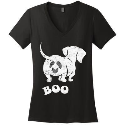 Boo Dachshund Spooky Dog Wiener Halloween Costume Women's V-Neck T-Shirt