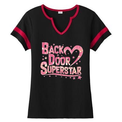 Back Door Superstar Meme Pink Glitter Ladies Halftime Notch Neck Tee