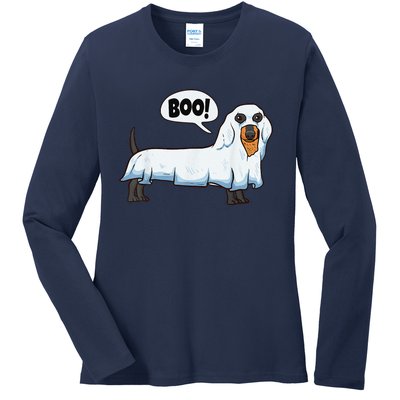 Boo Dachshund Spooky Dog Wiener Halloween Costume Gift Ladies Long Sleeve Shirt