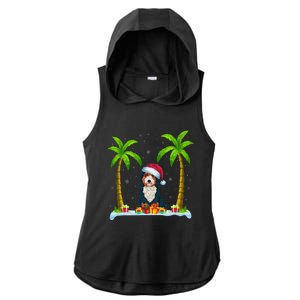 Bernedoodle Dog Santa Hat Palm Tree Beach Xmas Pajama Ladies PosiCharge Tri-Blend Wicking Draft Hoodie Tank