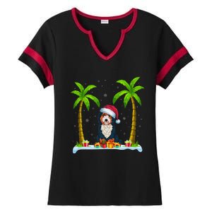 Bernedoodle Dog Santa Hat Palm Tree Beach Xmas Pajama Ladies Halftime Notch Neck Tee