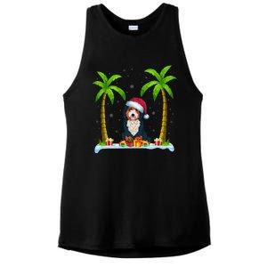 Bernedoodle Dog Santa Hat Palm Tree Beach Xmas Pajama Ladies PosiCharge Tri-Blend Wicking Tank