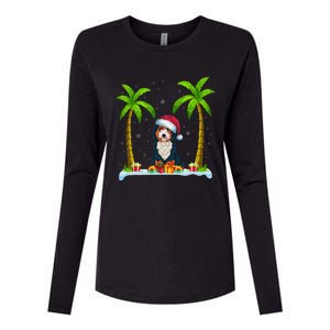 Bernedoodle Dog Santa Hat Palm Tree Beach Xmas Pajama Womens Cotton Relaxed Long Sleeve T-Shirt