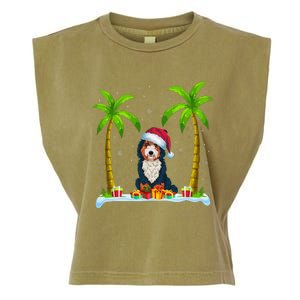 Bernedoodle Dog Santa Hat Palm Tree Beach Xmas Pajama Garment-Dyed Women's Muscle Tee