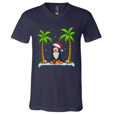 Bernedoodle Dog Santa Hat Palm Tree Beach Xmas Pajama V-Neck T-Shirt