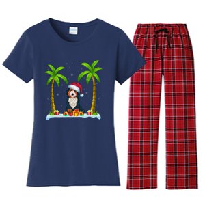 Bernedoodle Dog Santa Hat Palm Tree Beach Xmas Pajama Women's Flannel Pajama Set