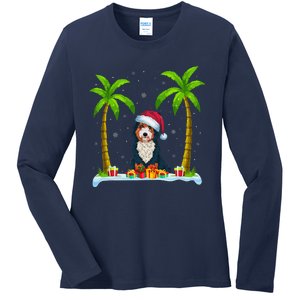 Bernedoodle Dog Santa Hat Palm Tree Beach Xmas Pajama Ladies Long Sleeve Shirt