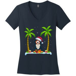 Bernedoodle Dog Santa Hat Palm Tree Beach Xmas Pajama Women's V-Neck T-Shirt