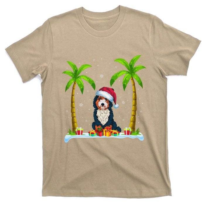 Bernedoodle Dog Santa Hat Palm Tree Beach Xmas Pajama T-Shirt