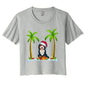 Bernedoodle Dog Santa Hat Palm Tree Beach Xmas Pajama Women's Crop Top Tee