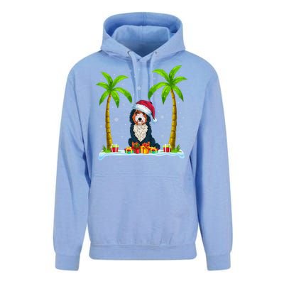 Bernedoodle Dog Santa Hat Palm Tree Beach Xmas Pajama Unisex Surf Hoodie