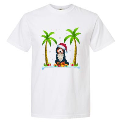 Bernedoodle Dog Santa Hat Palm Tree Beach Xmas Pajama Garment-Dyed Heavyweight T-Shirt