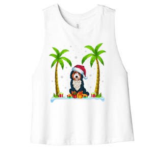 Bernedoodle Dog Santa Hat Palm Tree Beach Xmas Pajama Women's Racerback Cropped Tank