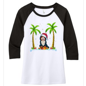 Bernedoodle Dog Santa Hat Palm Tree Beach Xmas Pajama Women's Tri-Blend 3/4-Sleeve Raglan Shirt