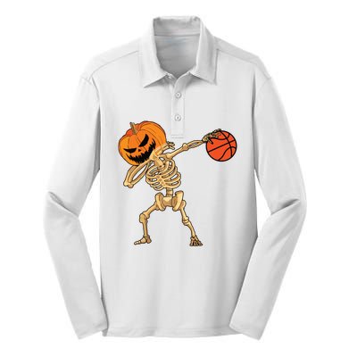 Basketball Dabbing Skeleton Boy Halloween Basketball Silk Touch Performance Long Sleeve Polo