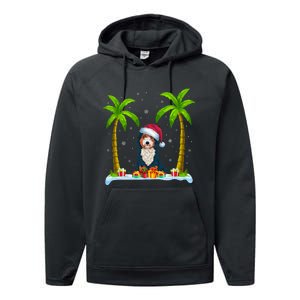 Bernedoodle Dog Santa Hat Palm Tree Beach Xmas Pajama Performance Fleece Hoodie