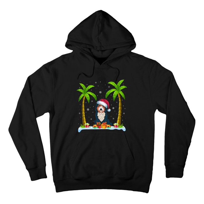 Bernedoodle Dog Santa Hat Palm Tree Beach Xmas Pajama Hoodie