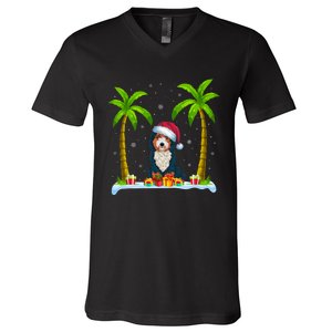 Bernedoodle Dog Santa Hat Palm Tree Beach Xmas Pajama V-Neck T-Shirt