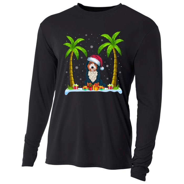 Bernedoodle Dog Santa Hat Palm Tree Beach Xmas Pajama Cooling Performance Long Sleeve Crew