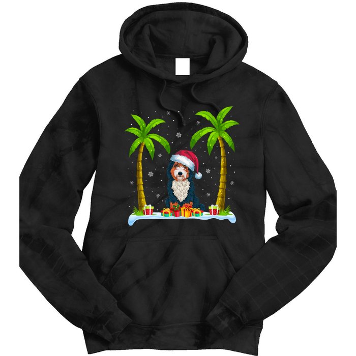 Bernedoodle Dog Santa Hat Palm Tree Beach Xmas Pajama Tie Dye Hoodie