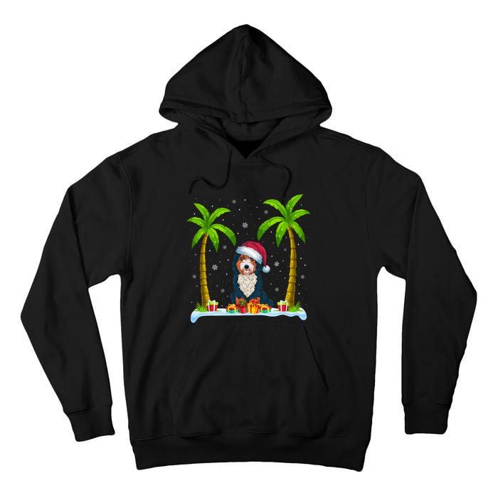 Bernedoodle Dog Santa Hat Palm Tree Beach Xmas Pajama Tall Hoodie