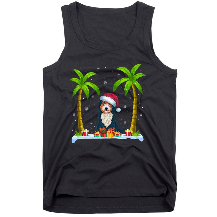 Bernedoodle Dog Santa Hat Palm Tree Beach Xmas Pajama Tank Top