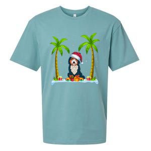 Bernedoodle Dog Santa Hat Palm Tree Beach Xmas Pajama Sueded Cloud Jersey T-Shirt