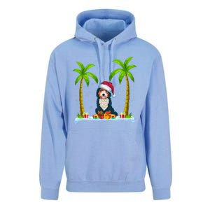 Bernedoodle Dog Santa Hat Palm Tree Beach Xmas Pajama Unisex Surf Hoodie