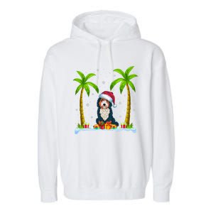 Bernedoodle Dog Santa Hat Palm Tree Beach Xmas Pajama Garment-Dyed Fleece Hoodie