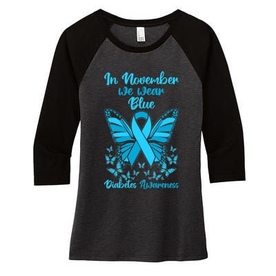 Butterflies Diabetes Type 1 Awareness Family Support Women's Tri-Blend 3/4-Sleeve Raglan Shirt