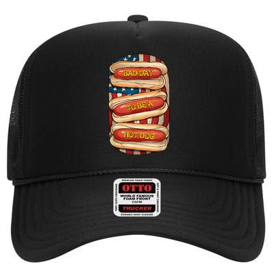 Bad Day To Be A Hot Dog July 4th Patriotic Summer Bbq Funny High Crown Mesh Back Trucker Hat