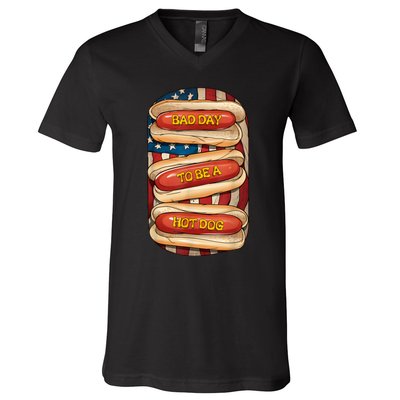 Bad Day To Be A Hot Dog July 4th Patriotic Summer Bbq Funny V-Neck T-Shirt