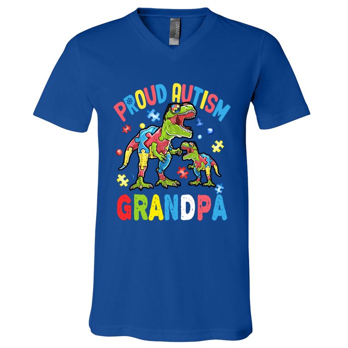 Big Dinosaur Tcute Giftrex And Autism Proud Autism Grandpa Cute Gift V-Neck T-Shirt