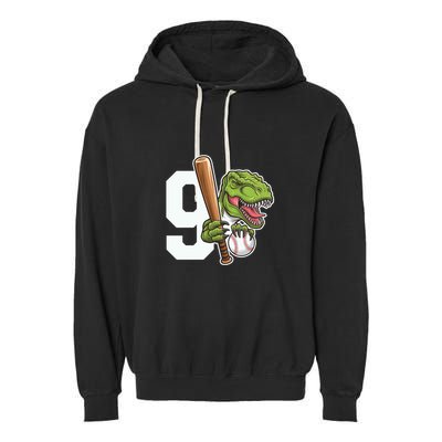Baseball Dinosaurs Trex Dino 9th Birthday Design Great Gift Garment-Dyed Fleece Hoodie