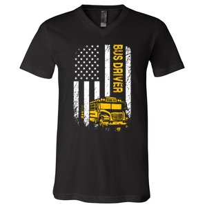 Bus Driver Usa American Flag Funny School Bus Driver V-Neck T-Shirt