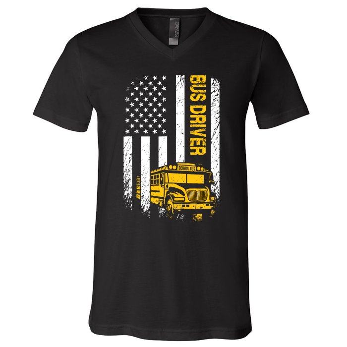 Bus Driver Usa American Flag Funny School Bus Driver V-Neck T-Shirt