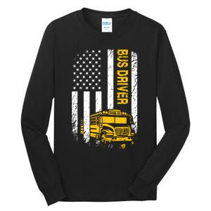 Bus Driver Usa American Flag Funny School Bus Driver Tall Long Sleeve T-Shirt