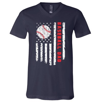 Baseball Dad Usa American Flag Patriotic Dad FatherS Day V-Neck T-Shirt