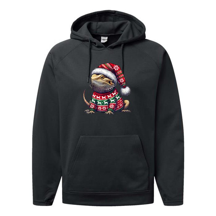 Bearded Dragon Ugly Sweater Santa Hat Christmas Performance Fleece Hoodie