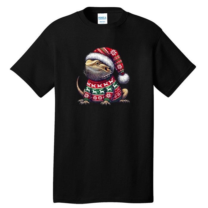 Bearded Dragon Ugly Sweater Santa Hat Christmas Tall T-Shirt