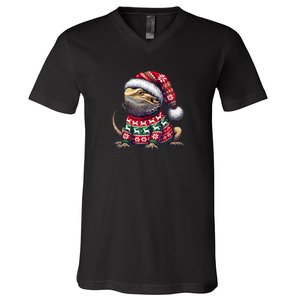 Bearded Dragon Ugly Sweater Santa Hat Christmas V-Neck T-Shirt