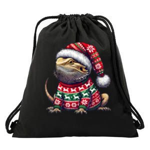 Bearded Dragon Ugly Sweater Santa Hat Christmas Drawstring Bag