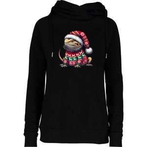 Bearded Dragon Ugly Sweater Santa Hat Christmas Womens Funnel Neck Pullover Hood