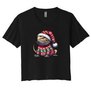 Bearded Dragon Ugly Sweater Santa Hat Christmas Women's Crop Top Tee