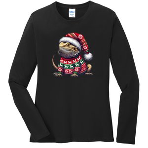 Bearded Dragon Ugly Sweater Santa Hat Christmas Ladies Long Sleeve Shirt