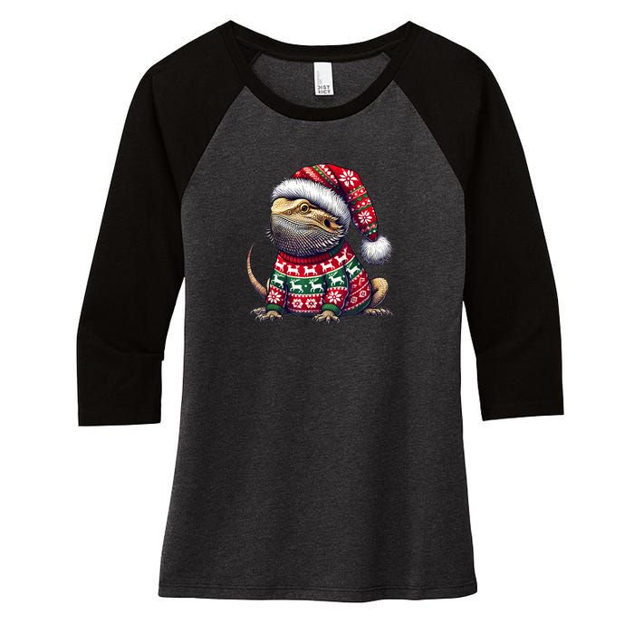 Bearded Dragon Ugly Sweater Santa Hat Christmas Women's Tri-Blend 3/4-Sleeve Raglan Shirt