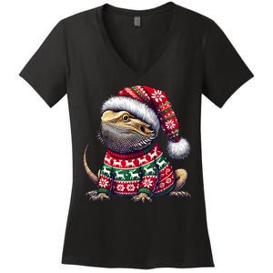 Bearded Dragon Ugly Sweater Santa Hat Christmas Women's V-Neck T-Shirt