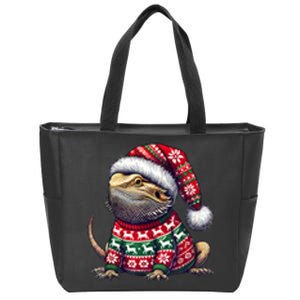 Bearded Dragon Ugly Sweater Santa Hat Christmas Zip Tote Bag