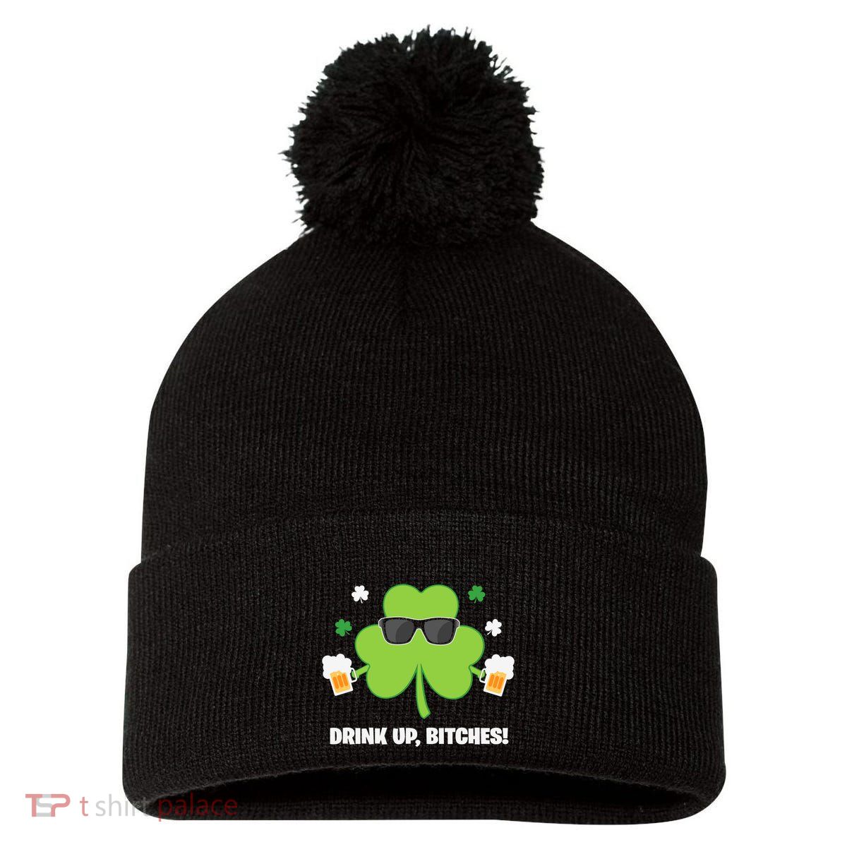 Bitches Drink Up Beer Funny St. Patrick's Day Cute Shamrock Pom Pom 12in Knit Beanie