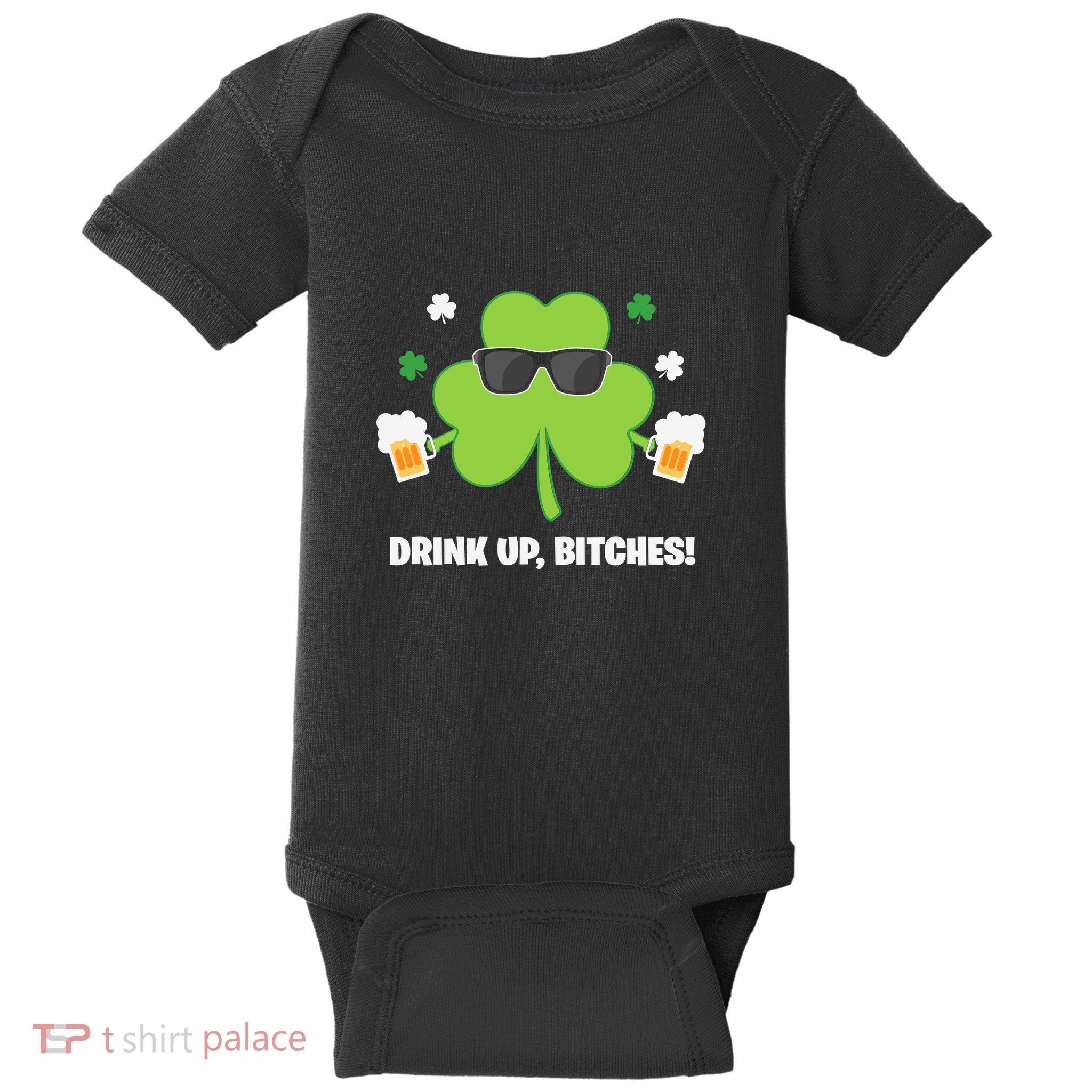 Bitches Drink Up Beer Funny St. Patrick's Day Cute Shamrock Baby Bodysuit